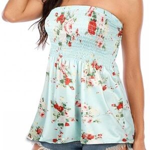 NWOT Floral Strapless Smocked Tube Top - Light Blue Size S to M